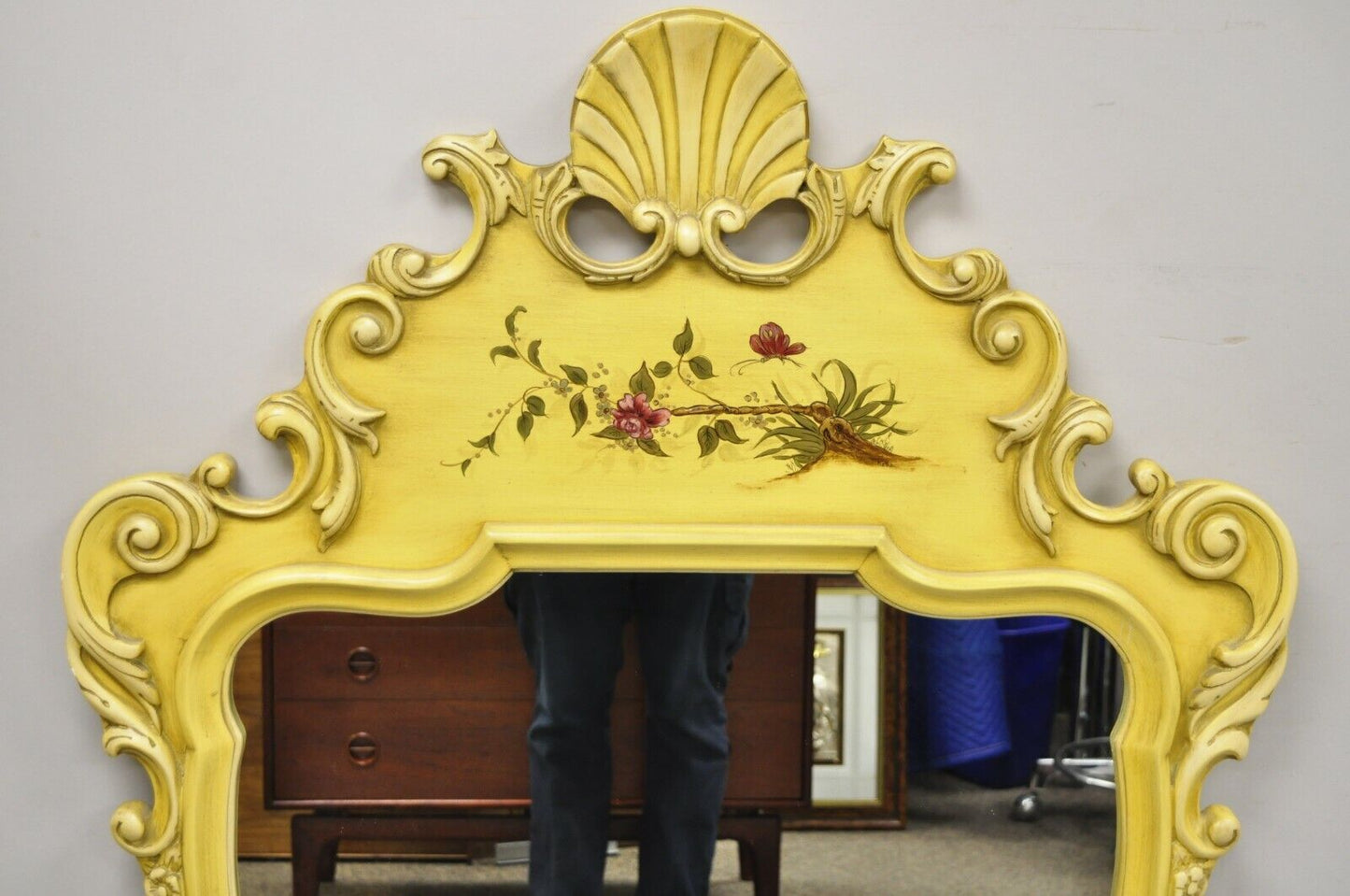 Vintage Yellow Chinoiserie Shell Carved Wall Mirror by Union National