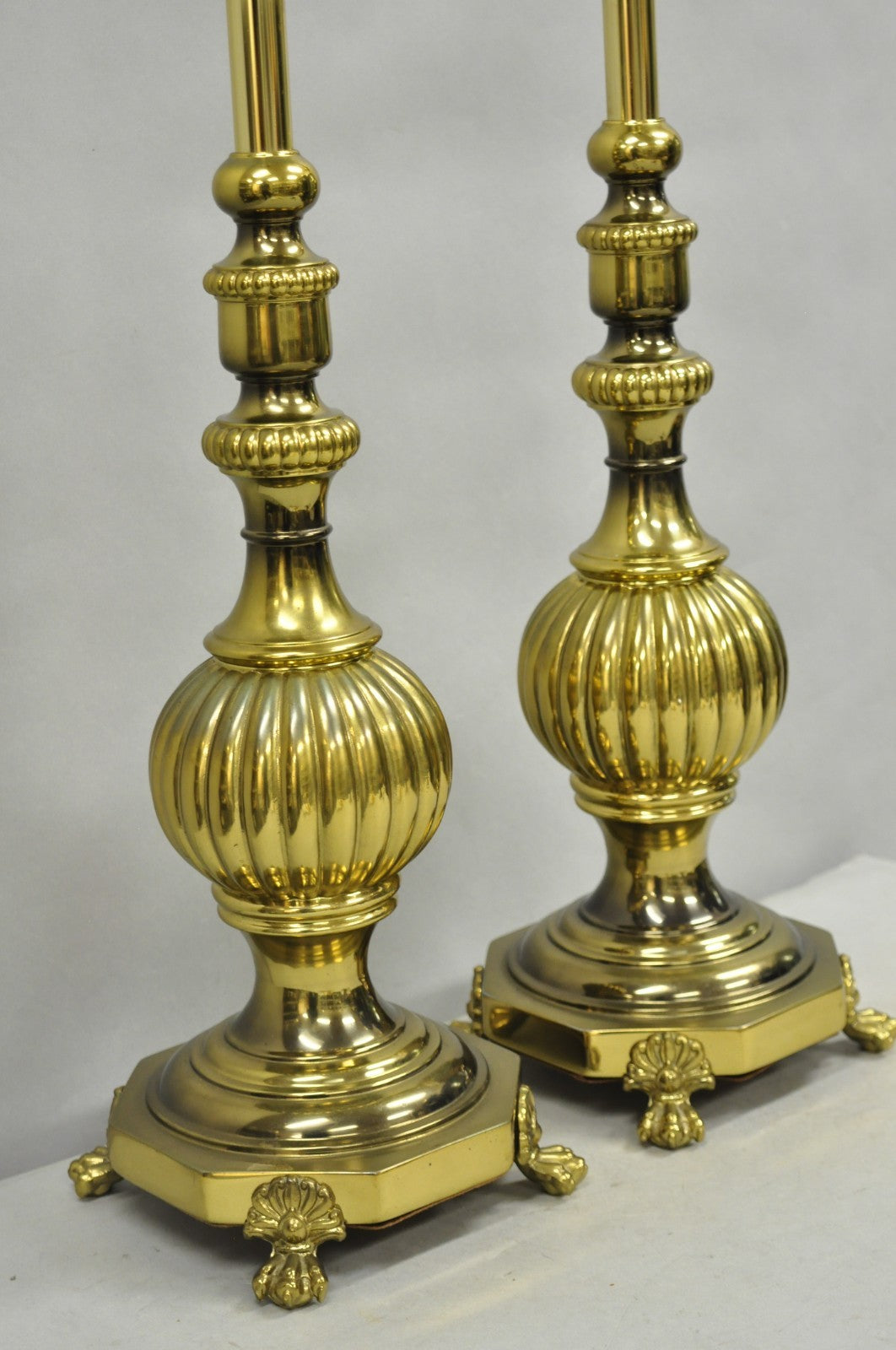 Vintage French Empire Style Burnished Brass Column Paw Foot Table Lamps - a Pair