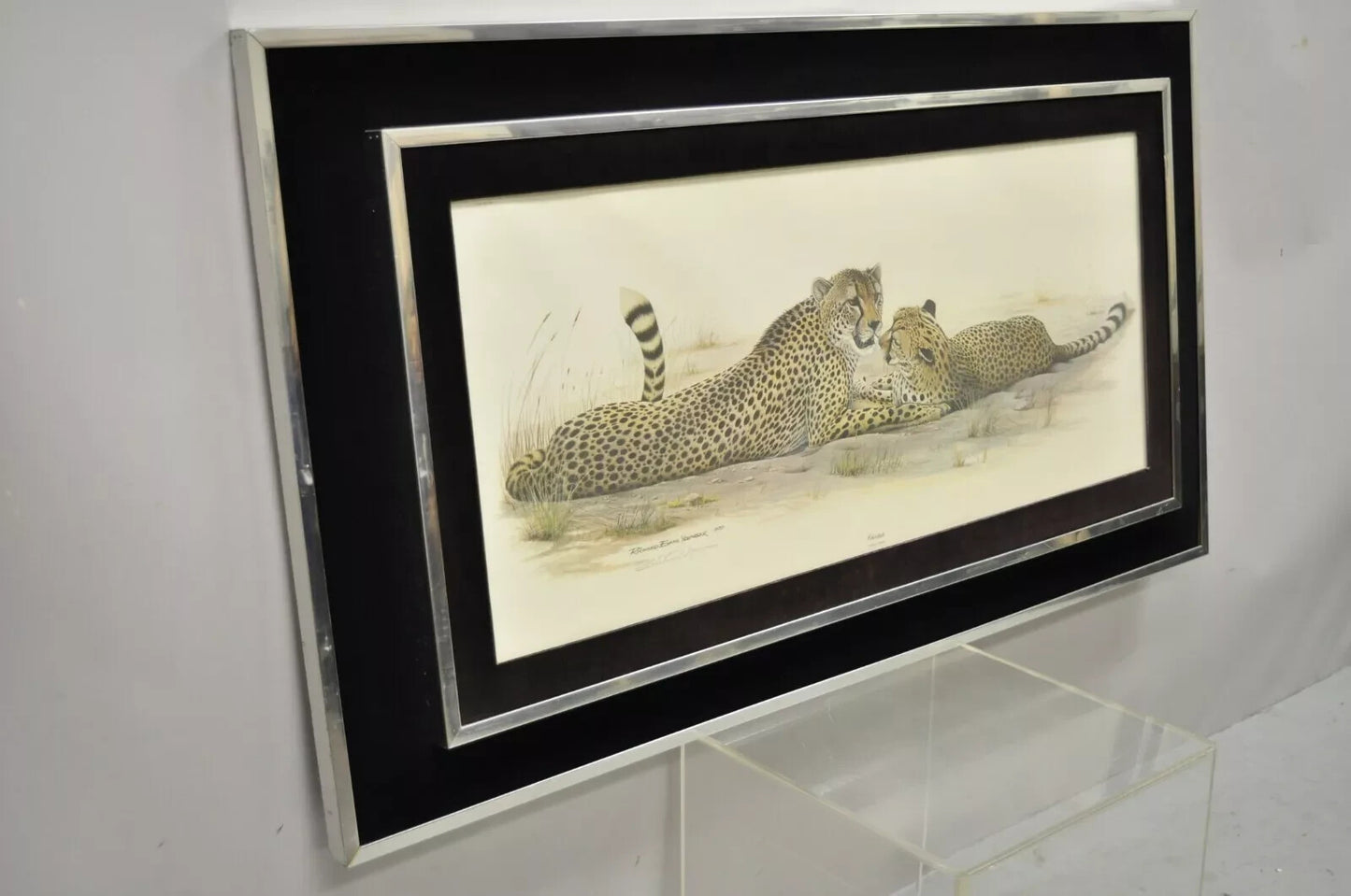 1972 Cheetah Lithograph Art by Richard Evans Younger in Velvet Chrome Frame