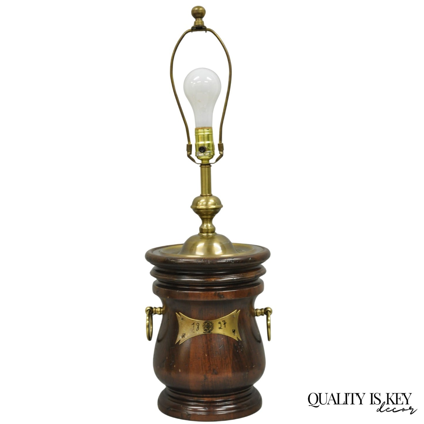 Vintage Frederick Cooper Colonial Style Solid Pine Wood Barrel Brass Table Lamp