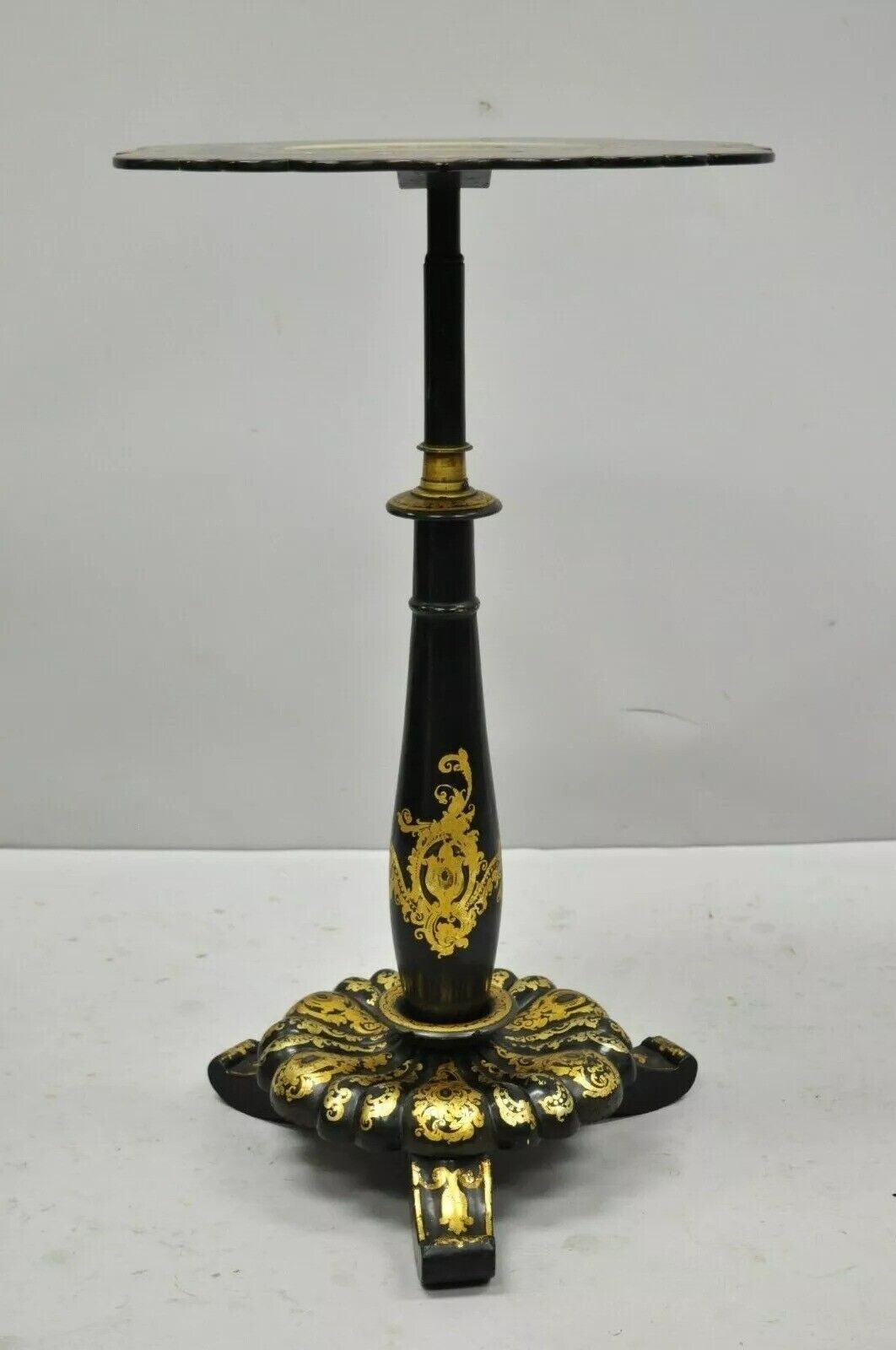 Antique 19th C. Victorian Papier Mache Mother of Pearl Inlay Pedestal Side Table