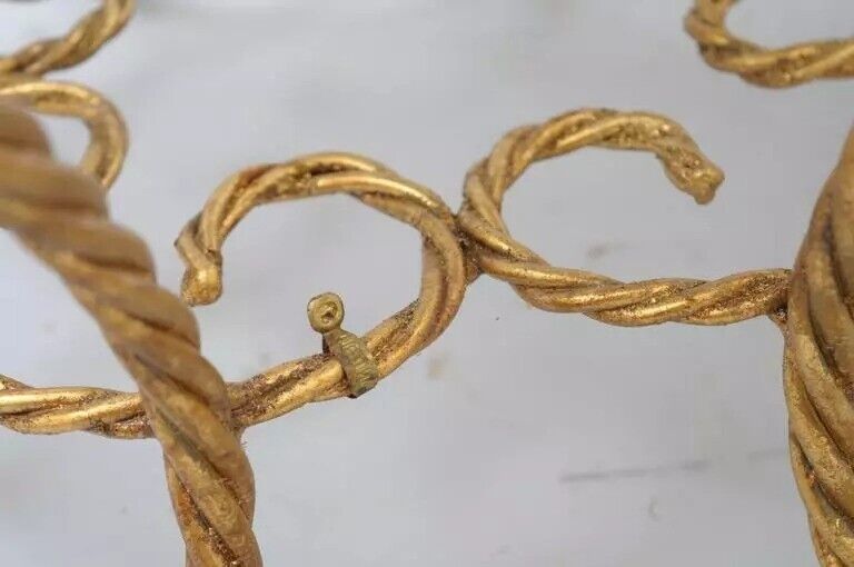 Italian Hollywood Regency Gold Gilt Iron Rope Round Marble Top Low Tables - Pair