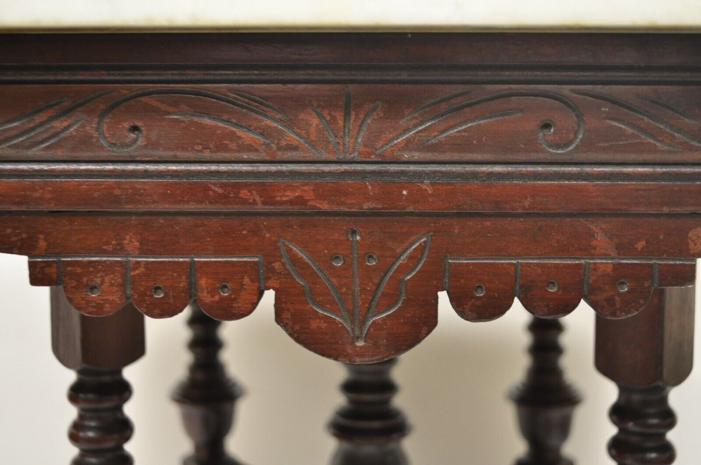 Antique Eastlake Victorian Floral Carved Walnut Parlor Side Table w/ Marble Top