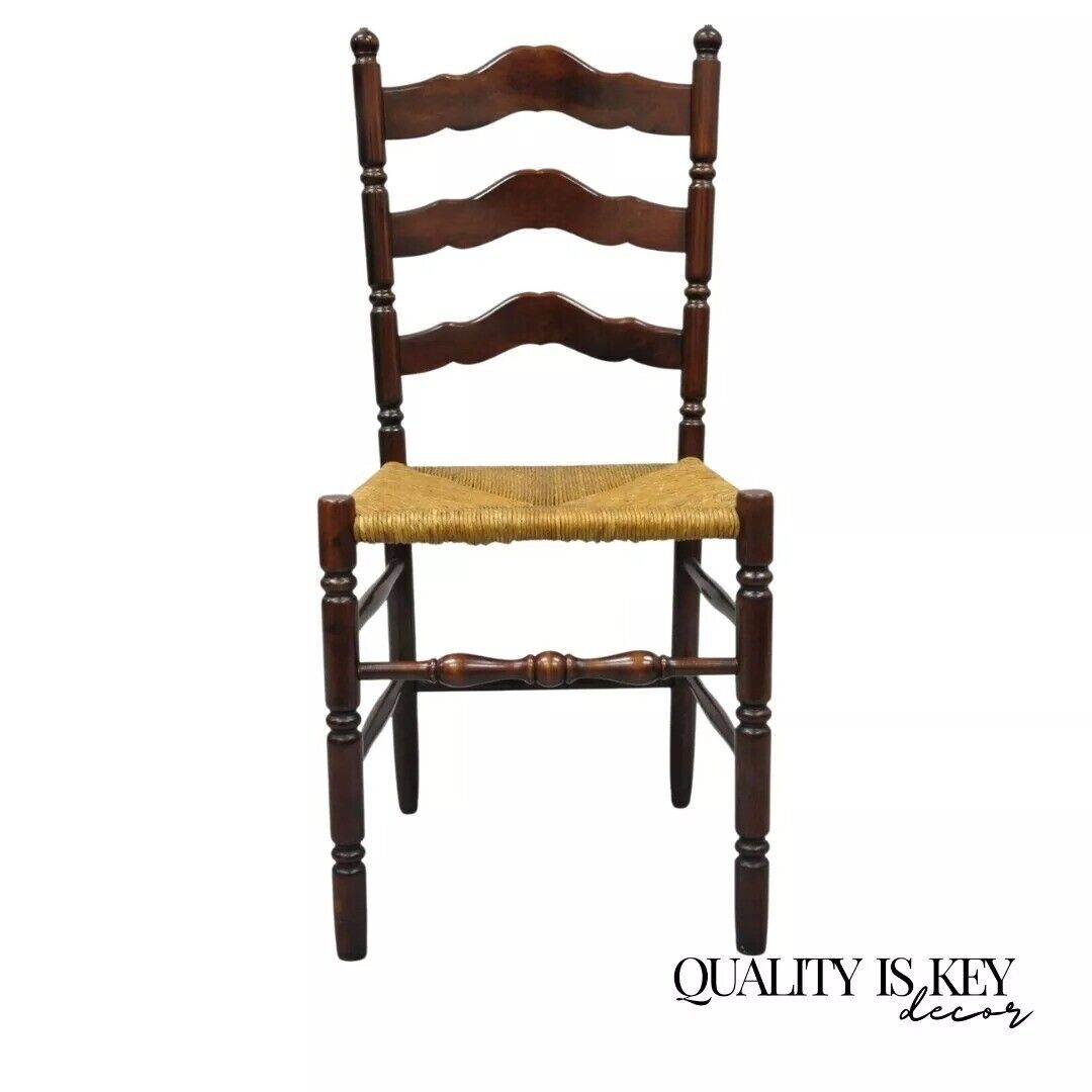 Antique American Primitive Cherry Wood Woven Rush Seat Ladder Back Side Chair