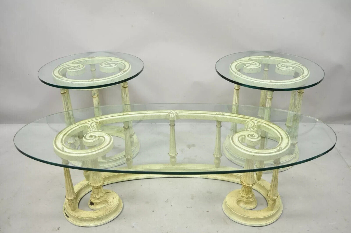 Italian Provincial Scrollwork Snail Glass Top Wooden Coffee Table Set - 3 Pc Set