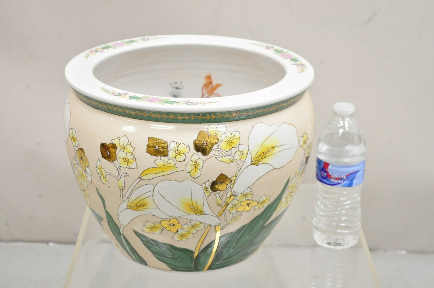 Vintage Chinese Ceramic Jardiniere Cachepot Planter Pot with Fish & Lilies