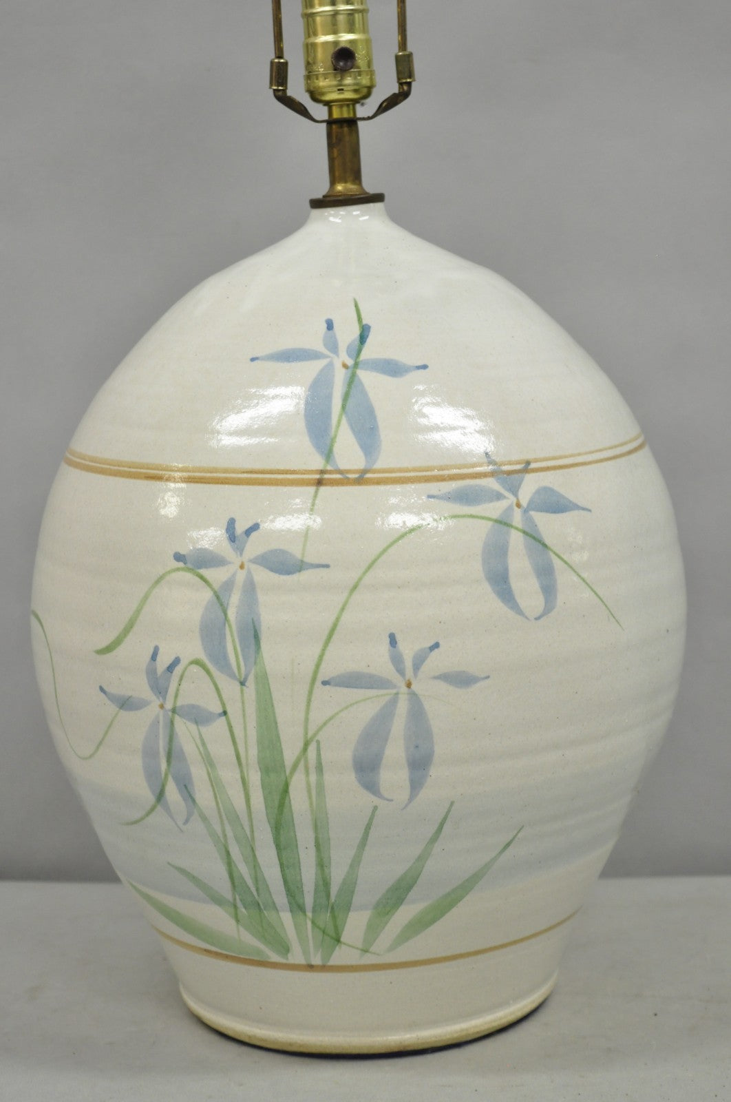Vintage French Country Large Blue Flower Stoneware Pottery Vase Table Lamp