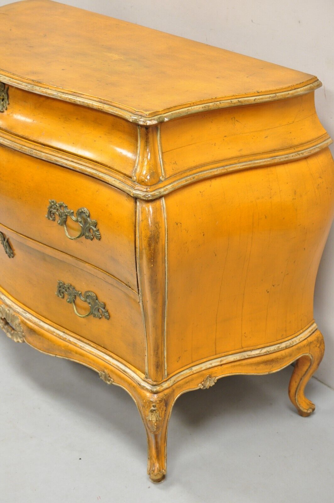 Antique Italian Rococo Orange Painted Bombe Commode Chest of Drawers