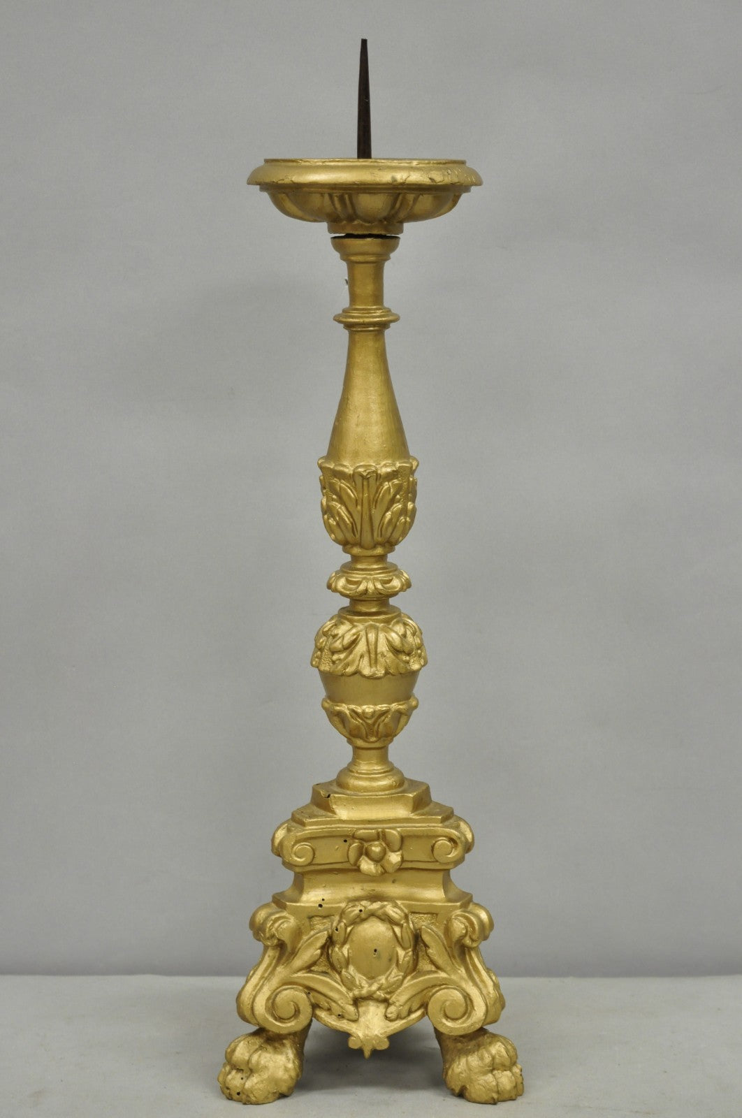 Antique 19th C Italian Neoclassical Carved Gold Giltwood Pricket Candlestick