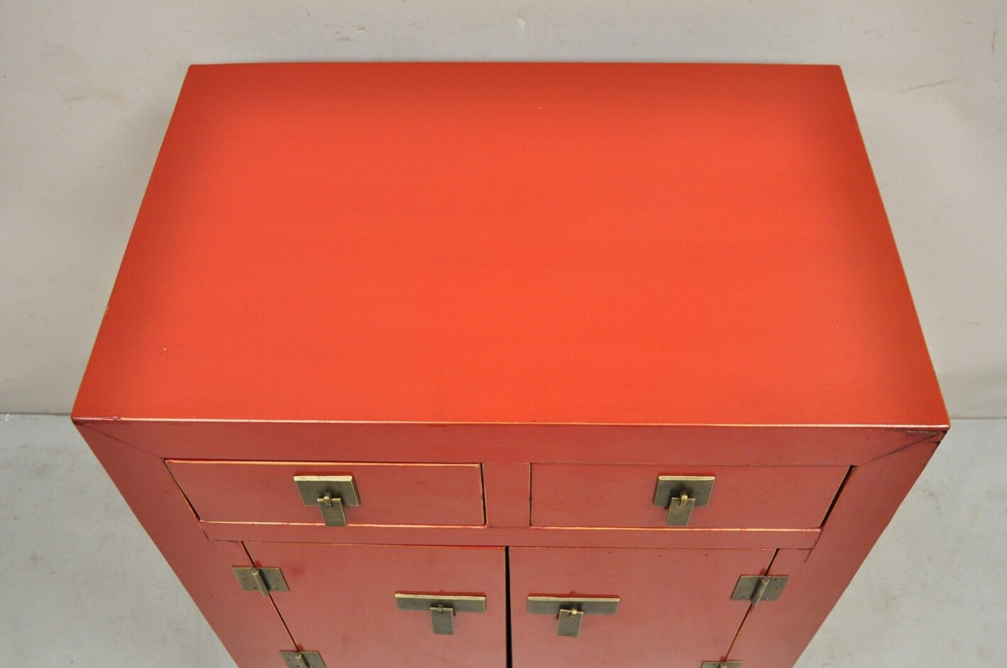 Oriental Chinoiserie Red Lacquer Chinese Ming Style Two Door Hall Cabinet