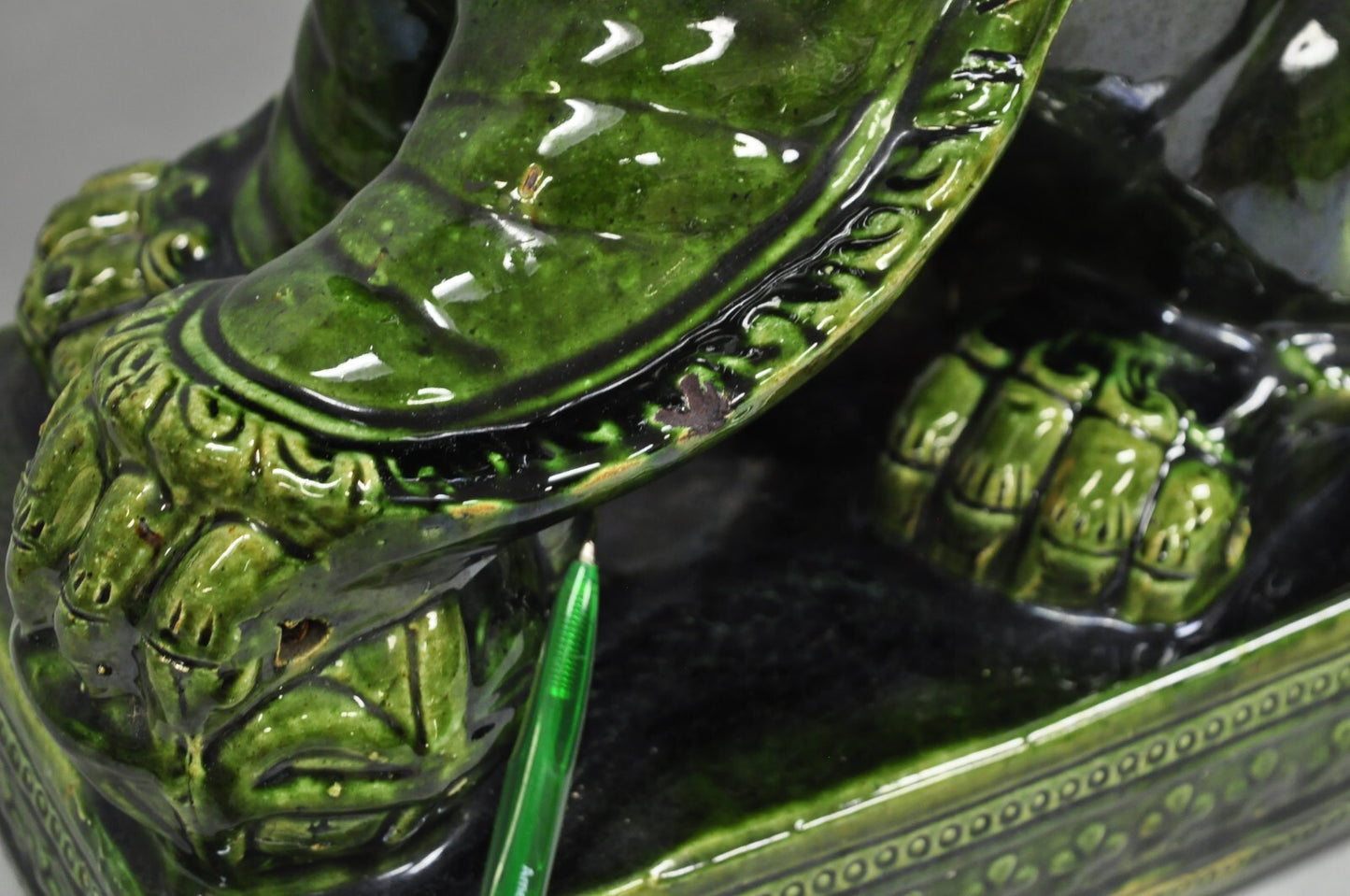Vintage Chinoiserie Green Majolica Glazed Ceramic 22" Chinese Foo Dog Statue