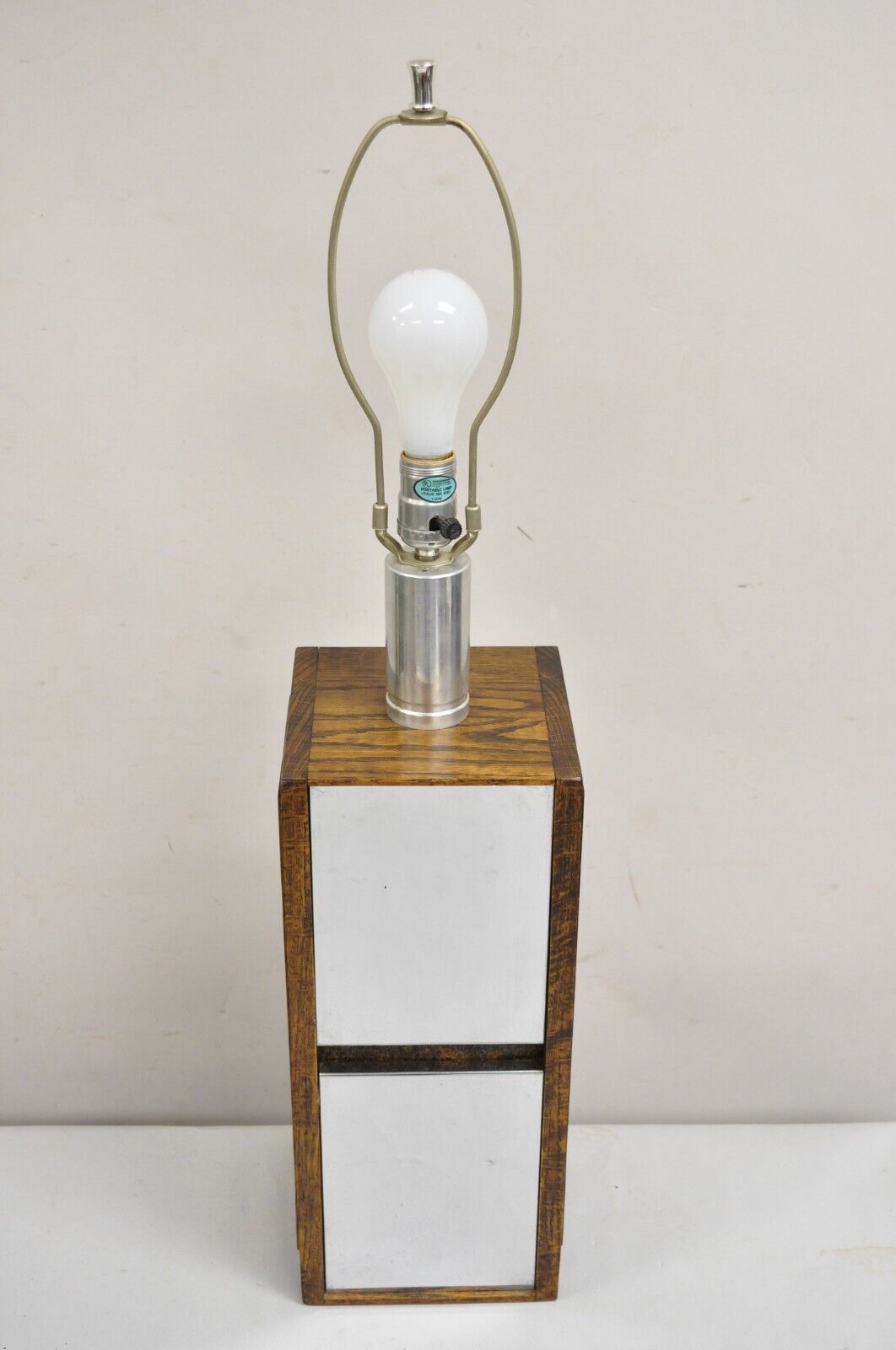Vintage Mid Century Modern Oak Wood & Double Sided Mirror Cubist Table Lamp
