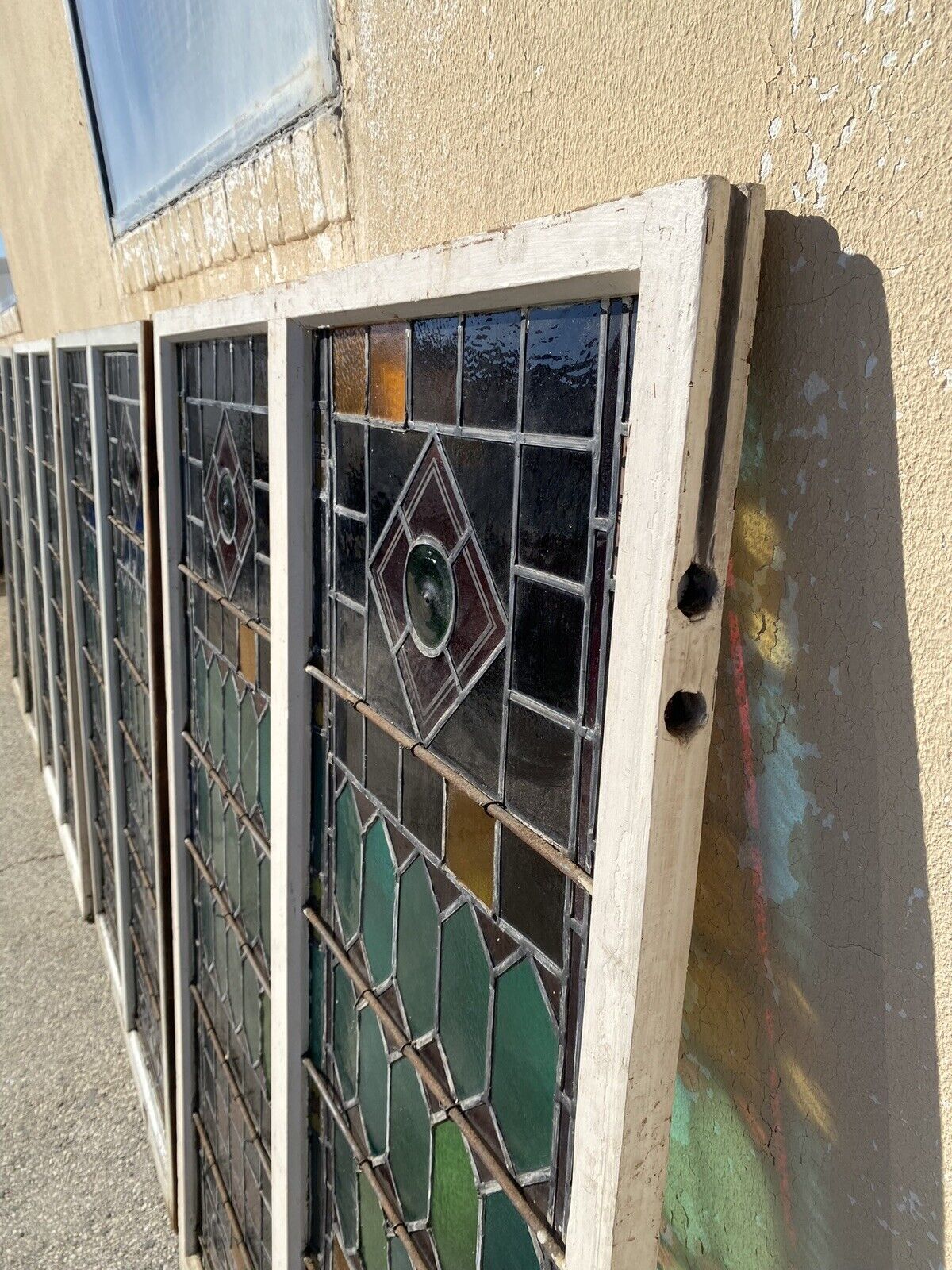 Antique Victorian 70 x 48 Double Stained Glass Window Pink Blue Green Jeweled