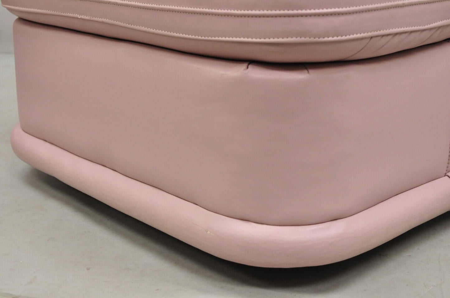 Vintage Post Modern Emerson Leather Bubblegum Pink Stitched Square Ottoman Stool