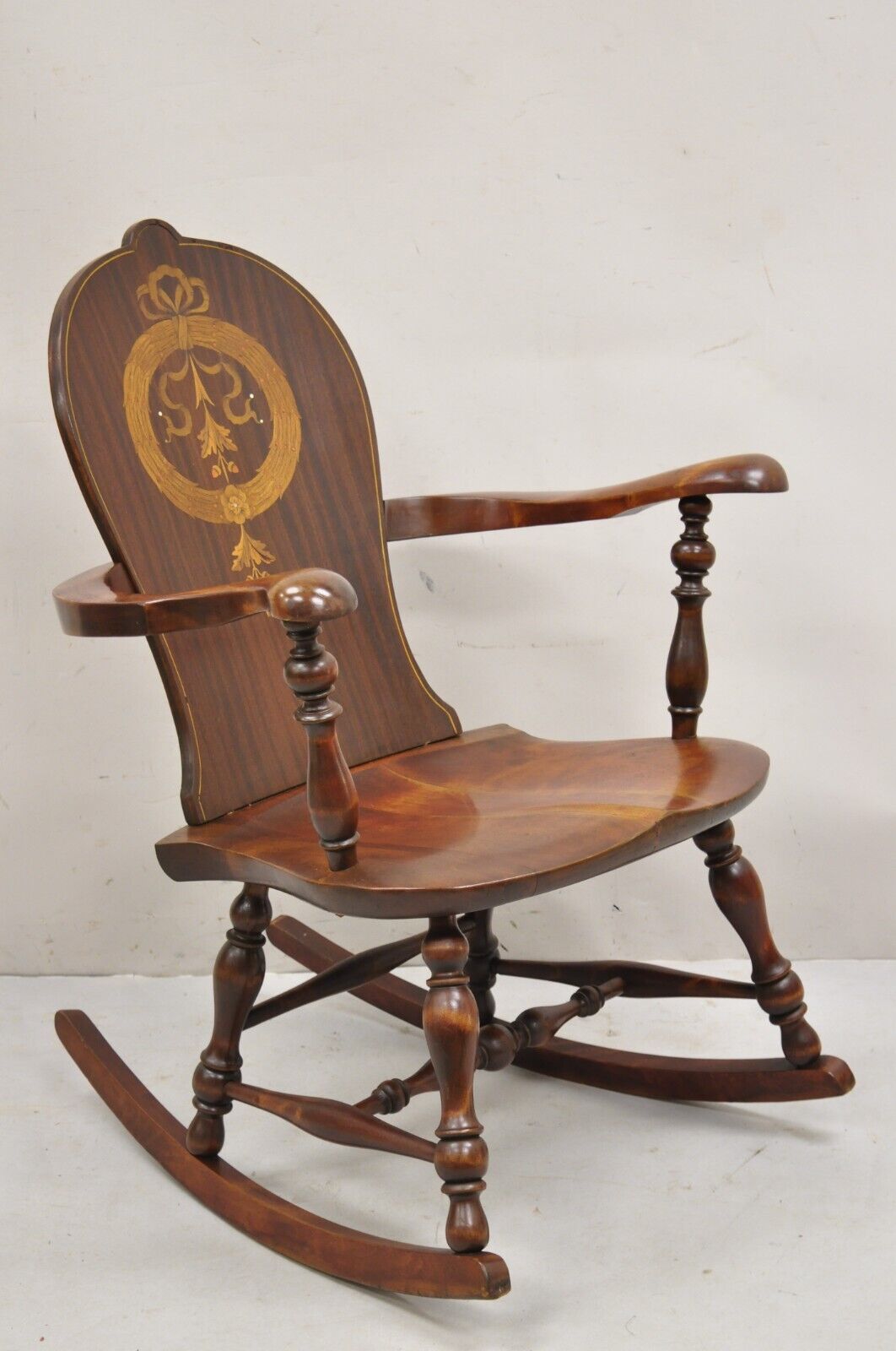 Antique Art Nouveau Cherry Wood Rocking Chair Rocker With Wreath Marquetry Inlay