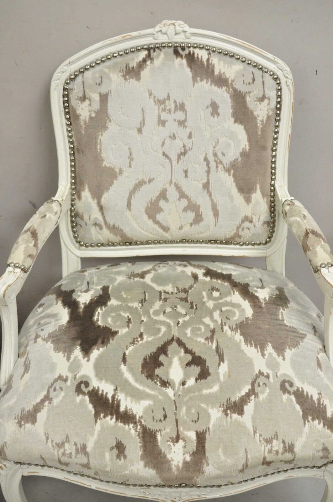 Vintage French Country Louis XV Style White Distress Painted Arm Chairs - a Pair