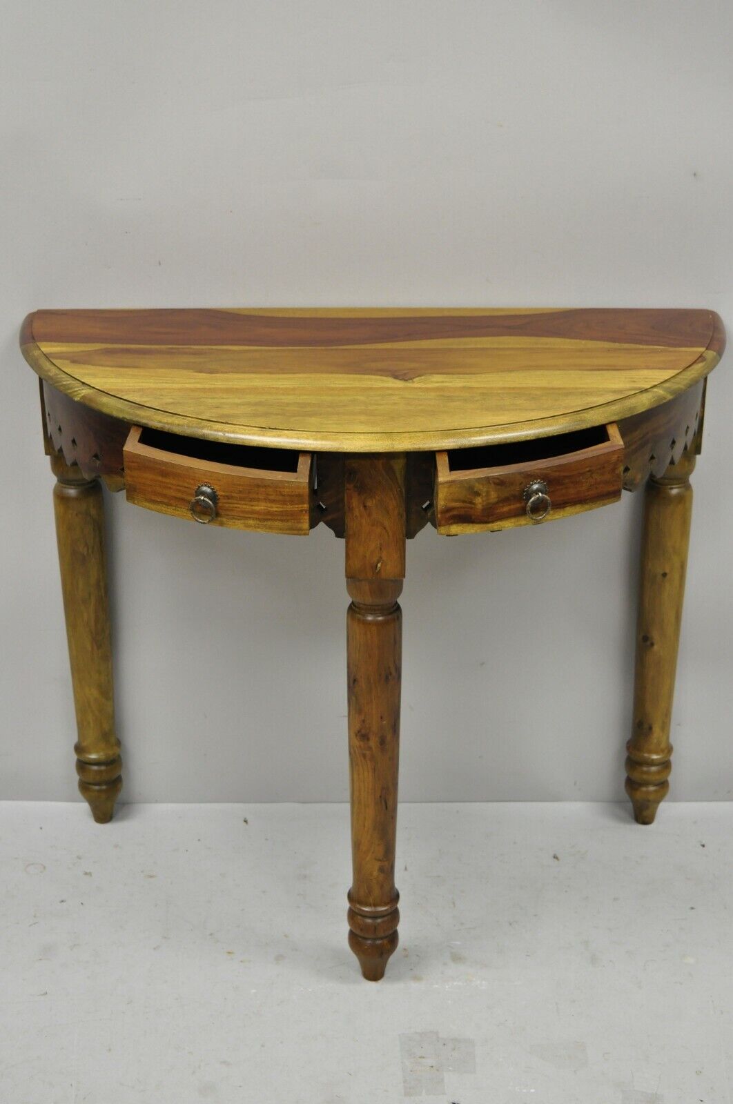 Mediterranean Spanish Style Half Round Gothic Demilune Teak Console Hall Table B
