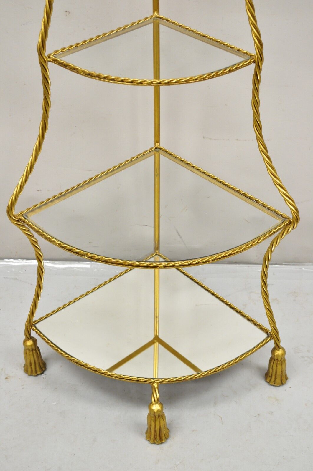 Italian Hollywood Regency Gold Gilt Iron Rope Tassel 4 Tier Etagere Corner Shelf