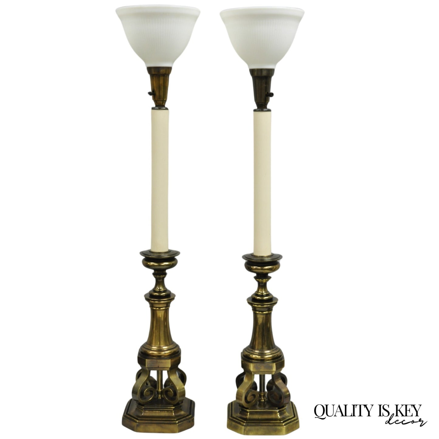 Vintage Hollywood Regency Burnished Brass Tall Candlestick Table Lamps - a Pair
