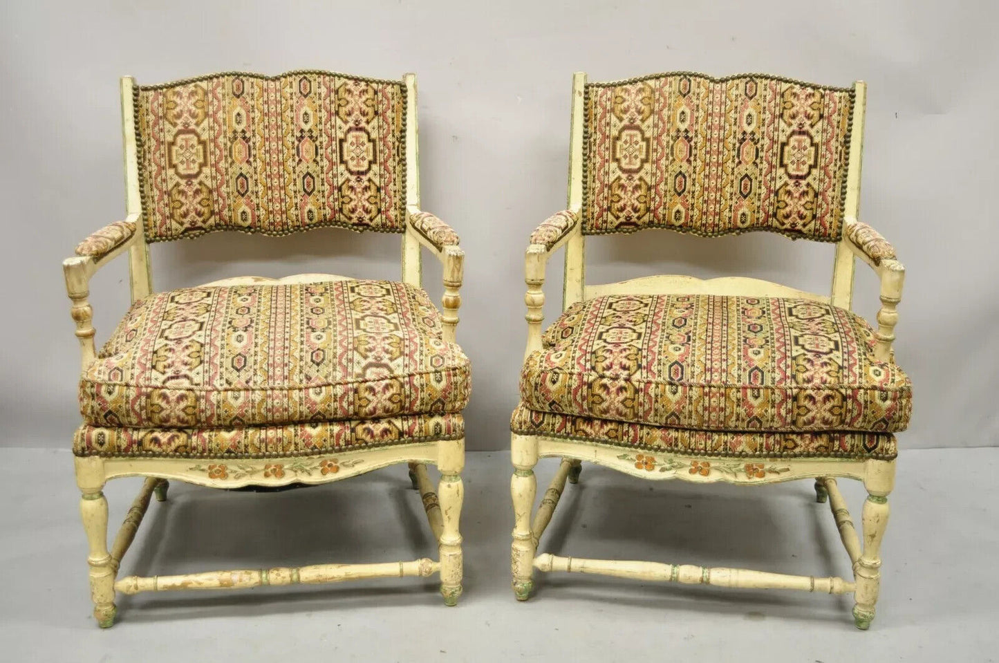Vintage French Country Cream Distress Painted Lounge Arm Chairs & Ottoman a Pair