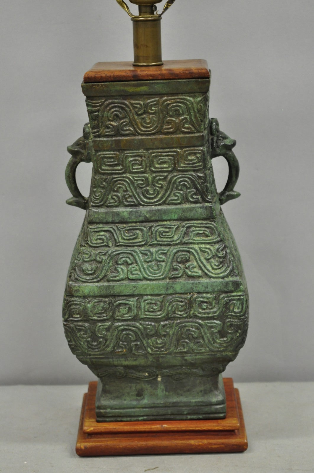 Vintage Oriental Verdigris Green Archaic Bronze Figural Chinese Table Lamp