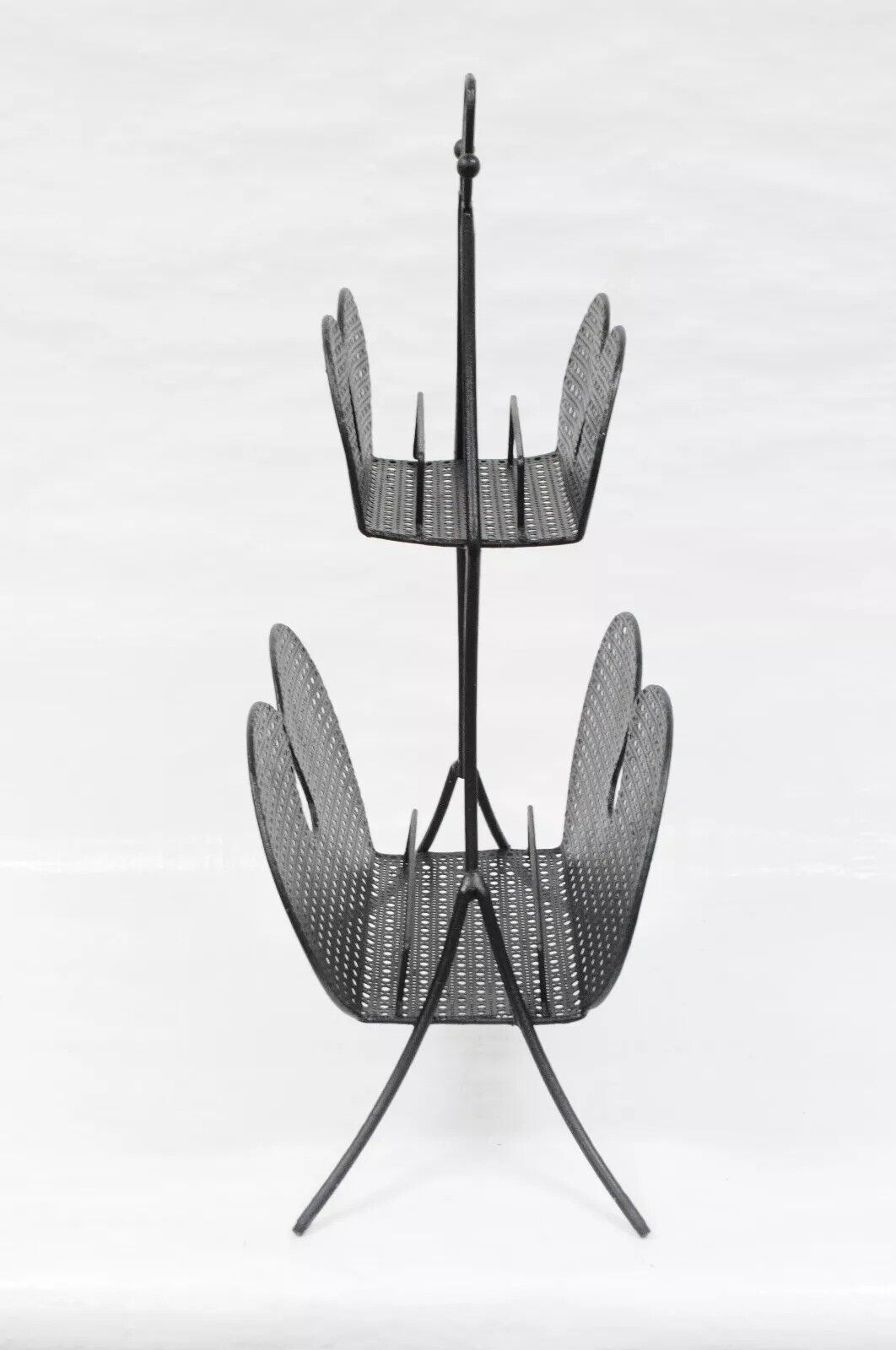 Mathieu Mategot Mid Century Modern Black Hairpin Metal Mesh 2 Tier Magazine Rack