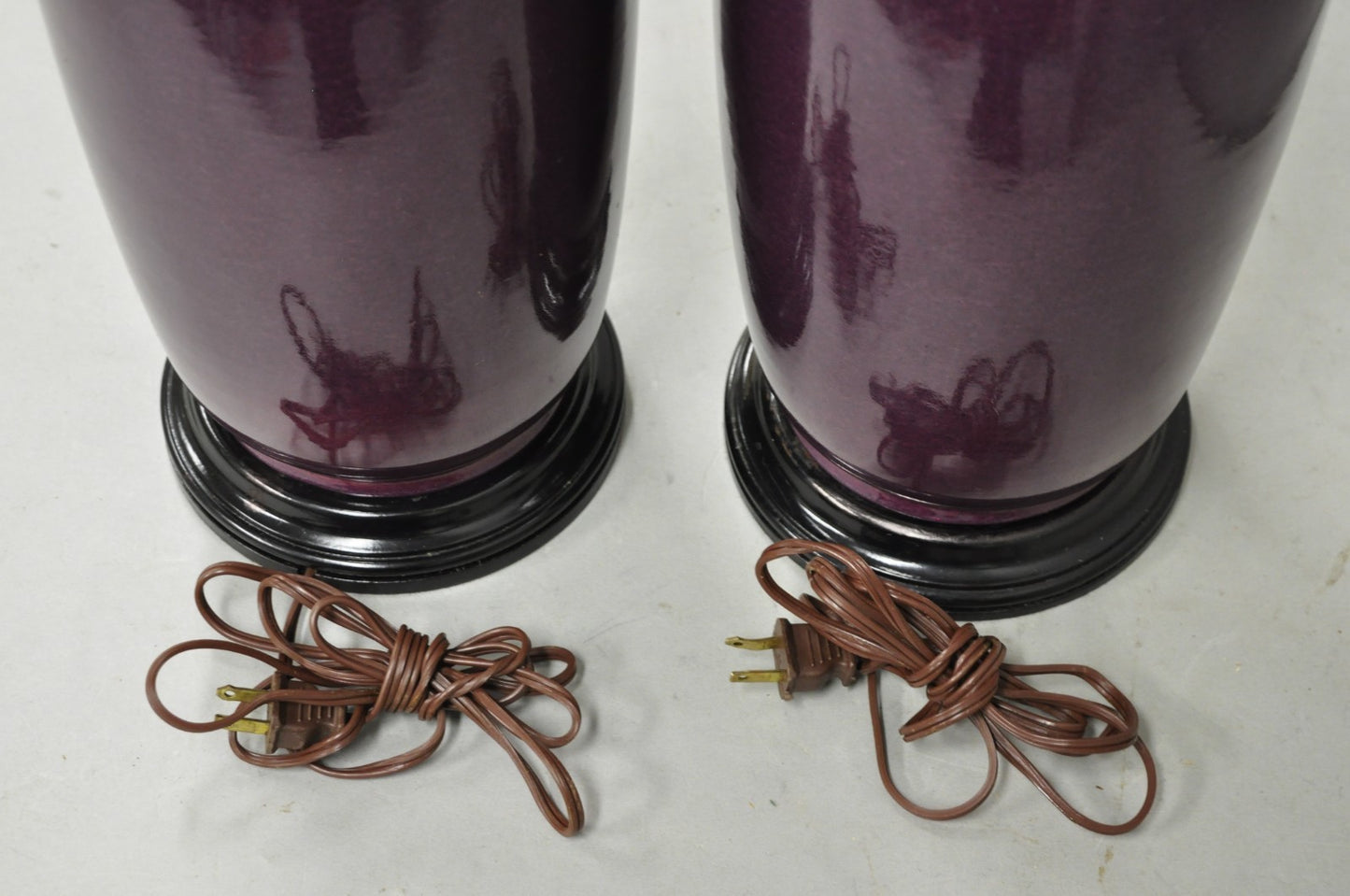 Vintage Chinoiserie Plum Purple Ceramic Porcelain Jardiniere Table Lamps - Pair