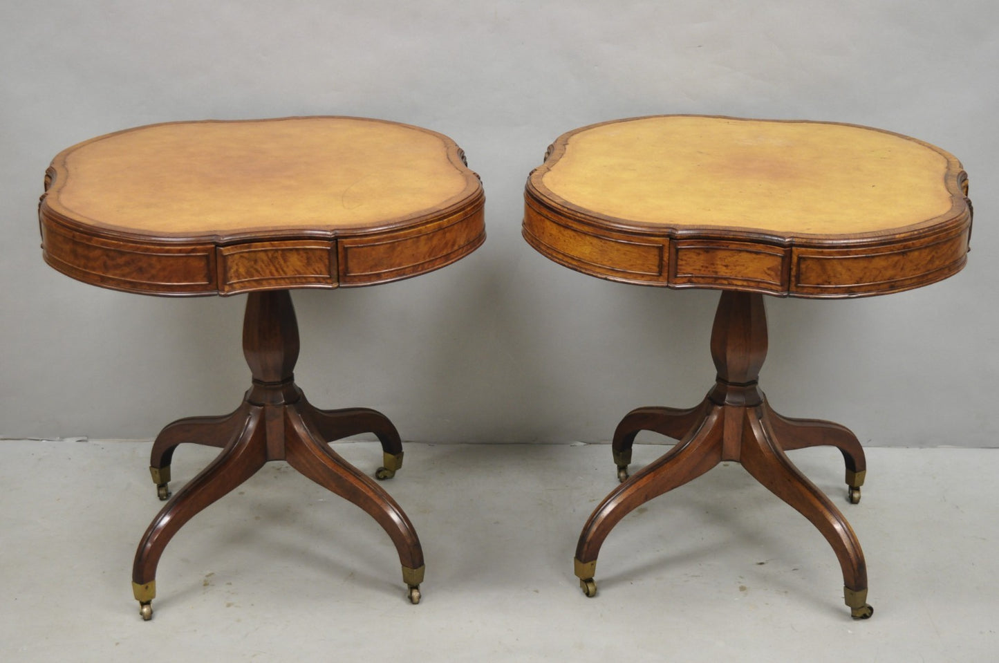Vintage English Regency Leather Top Mahogany Drum End Table w/ 4 Drawers - Pair