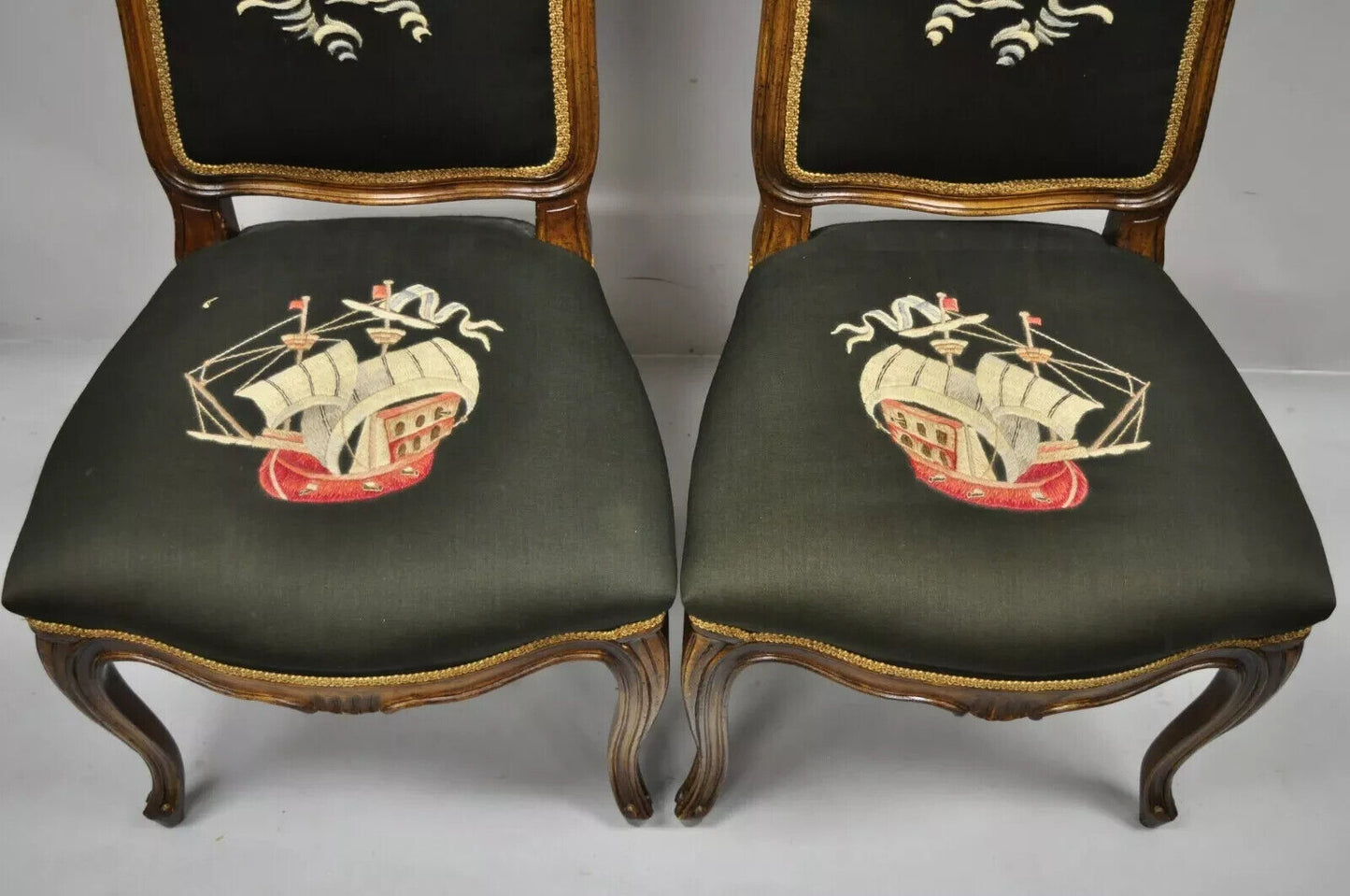 French Provincial Louis XV Walnut Side Chairs w/ Ship Boat Crewel Work - a Pair