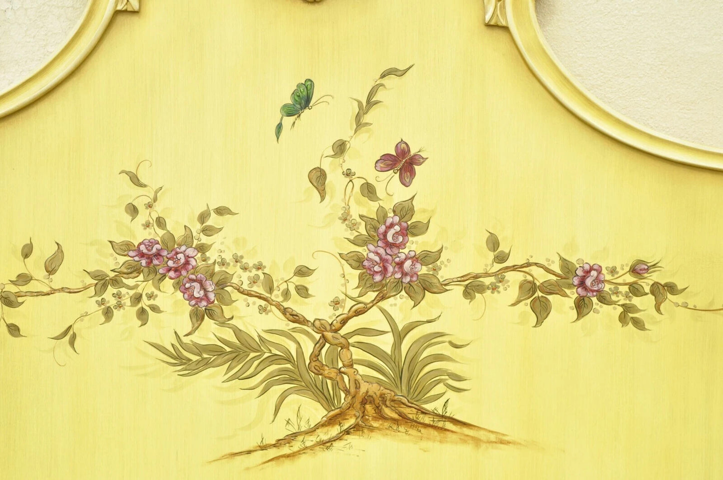 Vintage Chinoiserie Yellow Painted King Size Bed Headboard by Union National