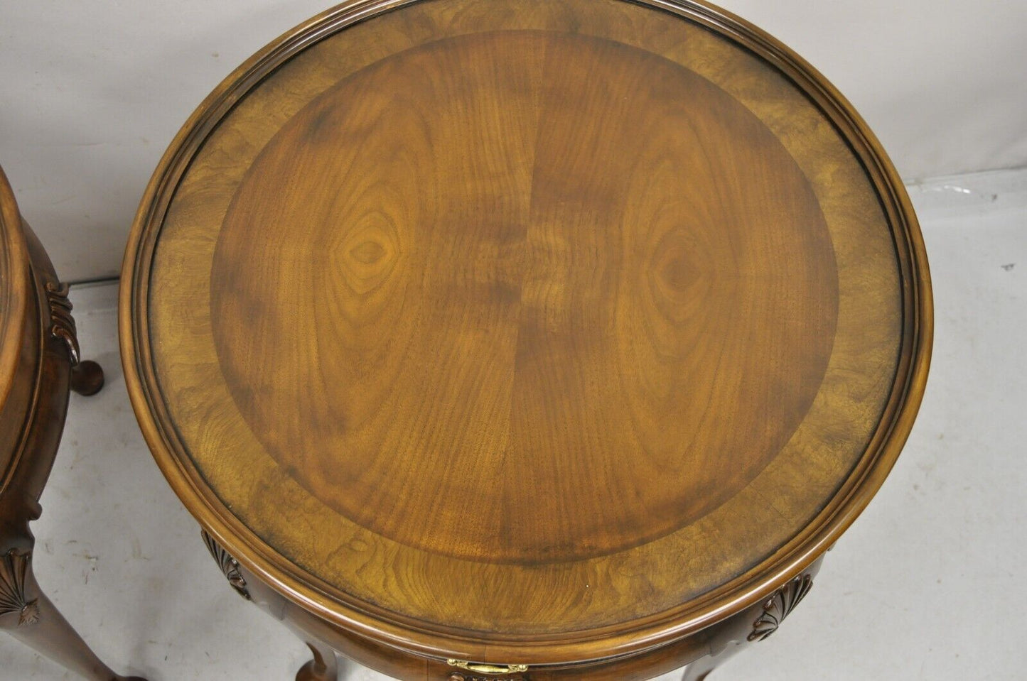 Pair Baker Furniture English Queen Anne Style Burl Walnut Round Side End Tables