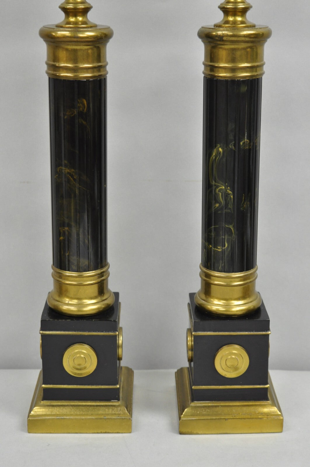 Vintage French Empire Brass Metal "Smoky" Celluloid Column Table Lamps - a Pair