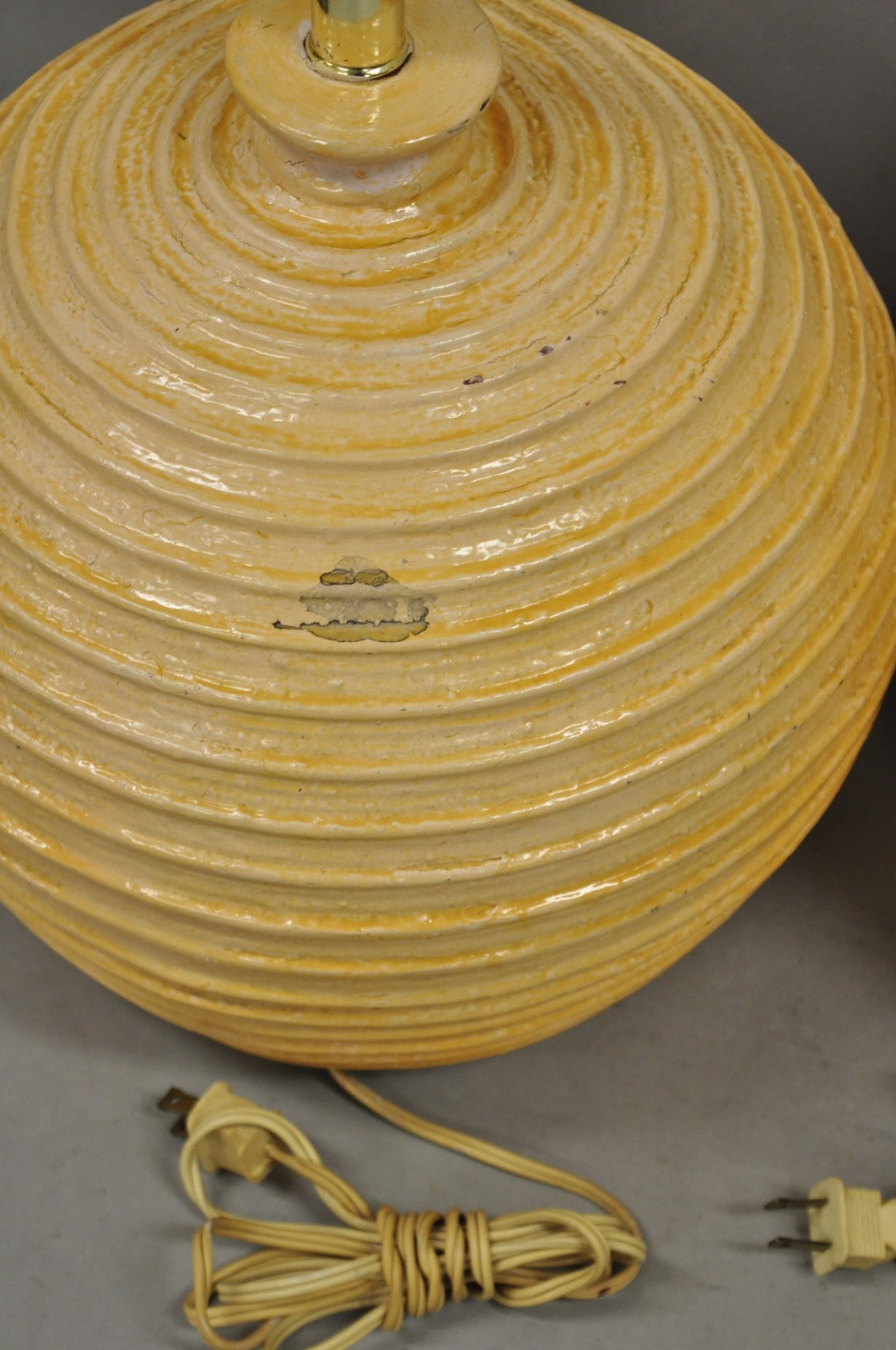 Vintage Mid Century Modern Lacquered Fiberglass Round Beehive Table Lamps - Pair