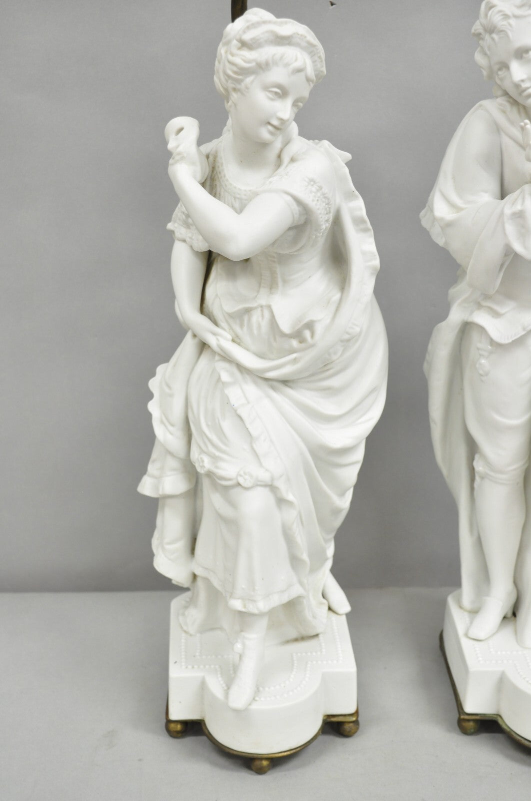 Victorian White Parian Porcelain Figural Bisque Man and Woman Table Lamps, Pair