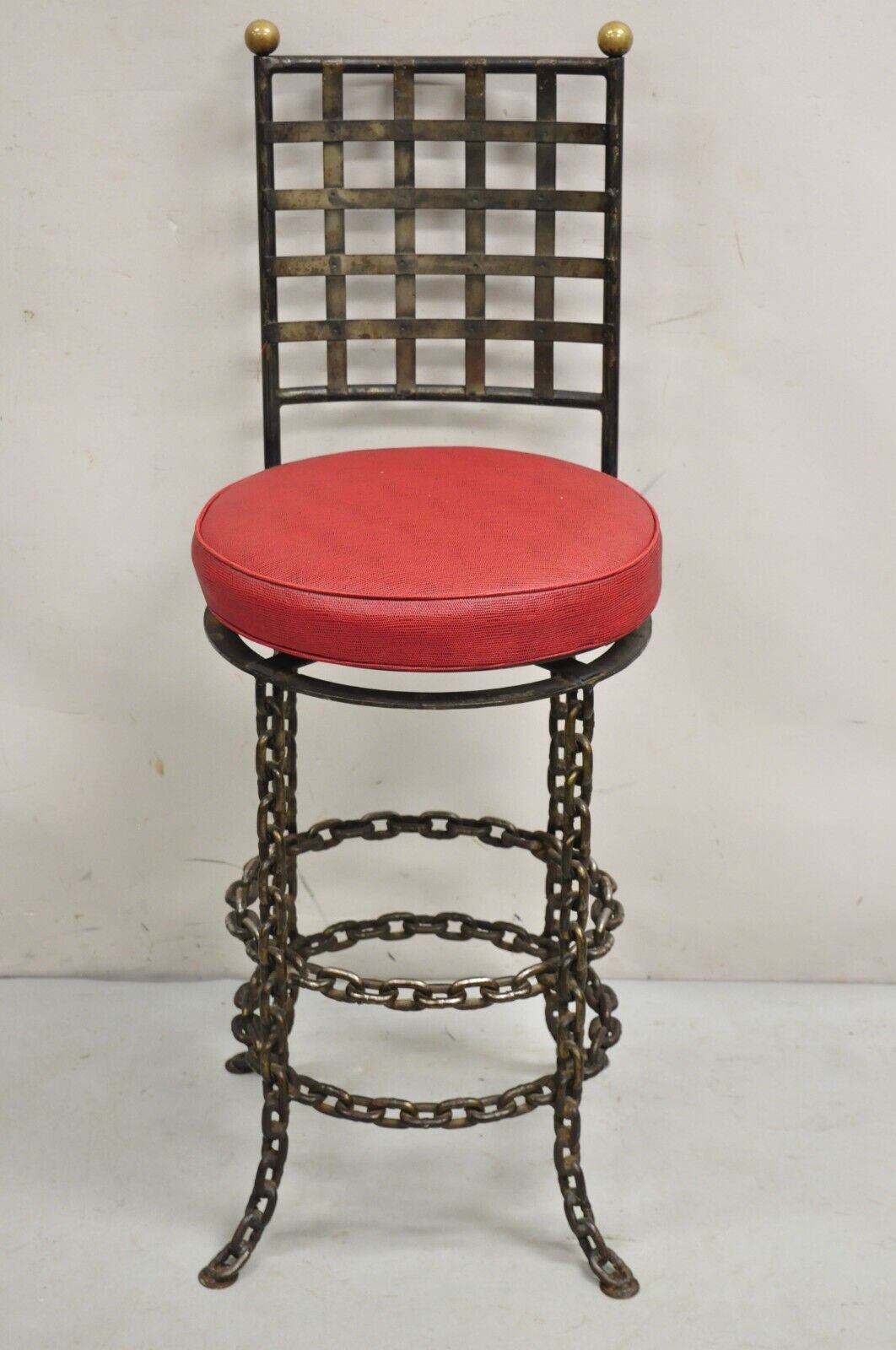 Vintage Mid Century Brutalist Iron Chain Link Swivel Counter Bar Stool Set of 4
