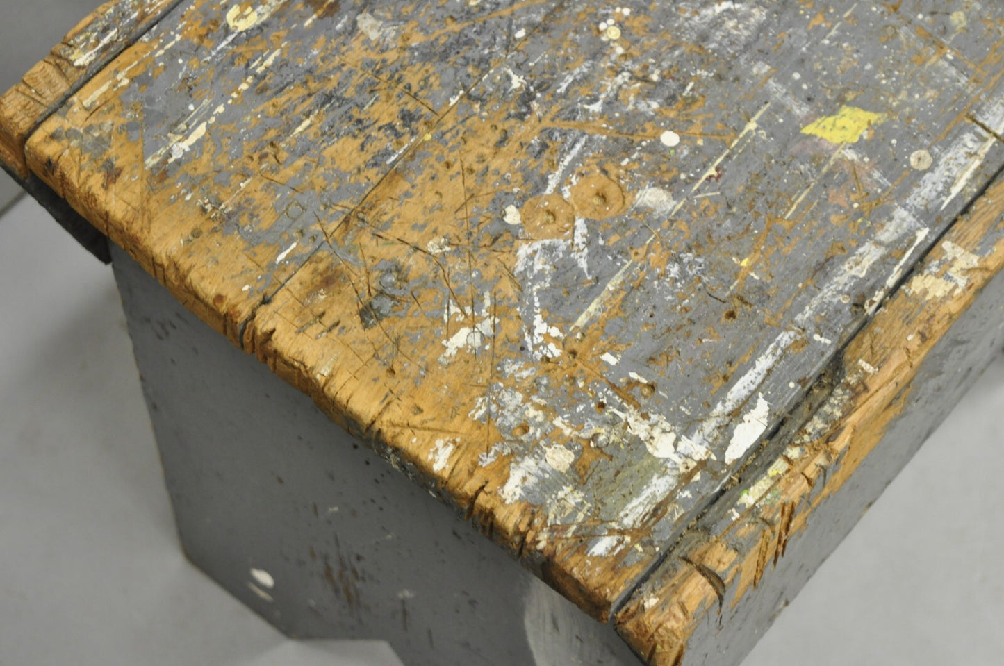 Antique French Country Primitive Gray Painted Paint Splattered Work Bench Stool