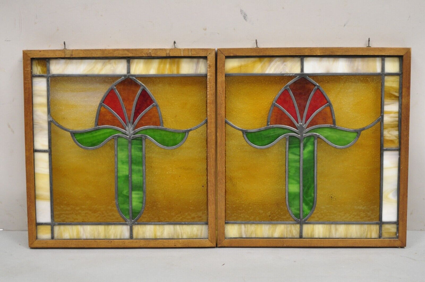 Antique Art Nouveau Leaded Stained Glass Red Green Flower Small Windows - a Pair
