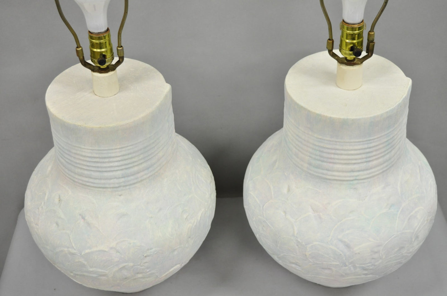 Vintage Postmodern Beach House Ceramic Plaster White Bulbous Table Lamps, a Pair