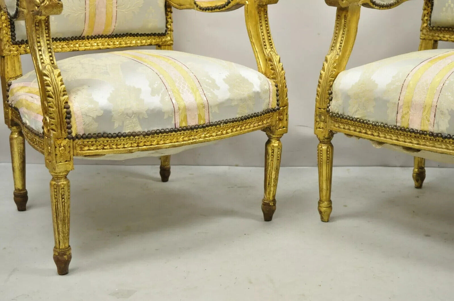 Vintage French Louis XVI Gold Giltwood Upholstered Lounge Chairs (B) - a Pair