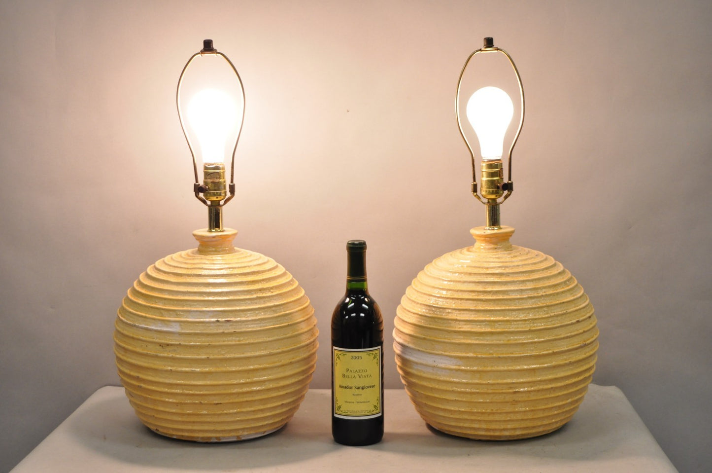Vintage Mid Century Modern Lacquered Fiberglass Round Beehive Table Lamps - Pair