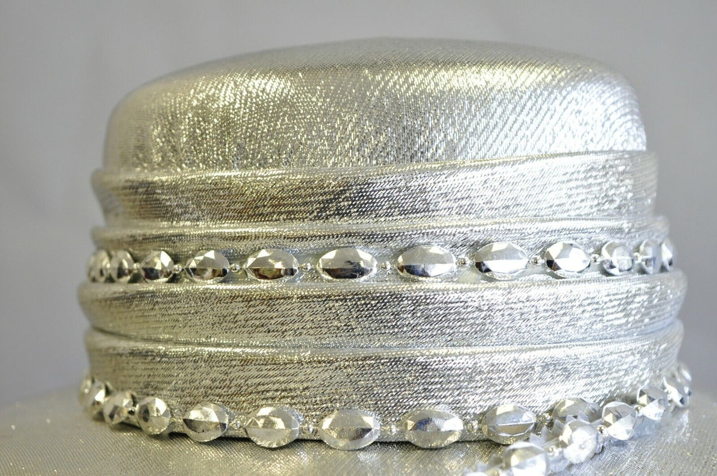 Vintage Mr. John Classic Metallic Silver Church Derby Wide Brim Hat with Feather