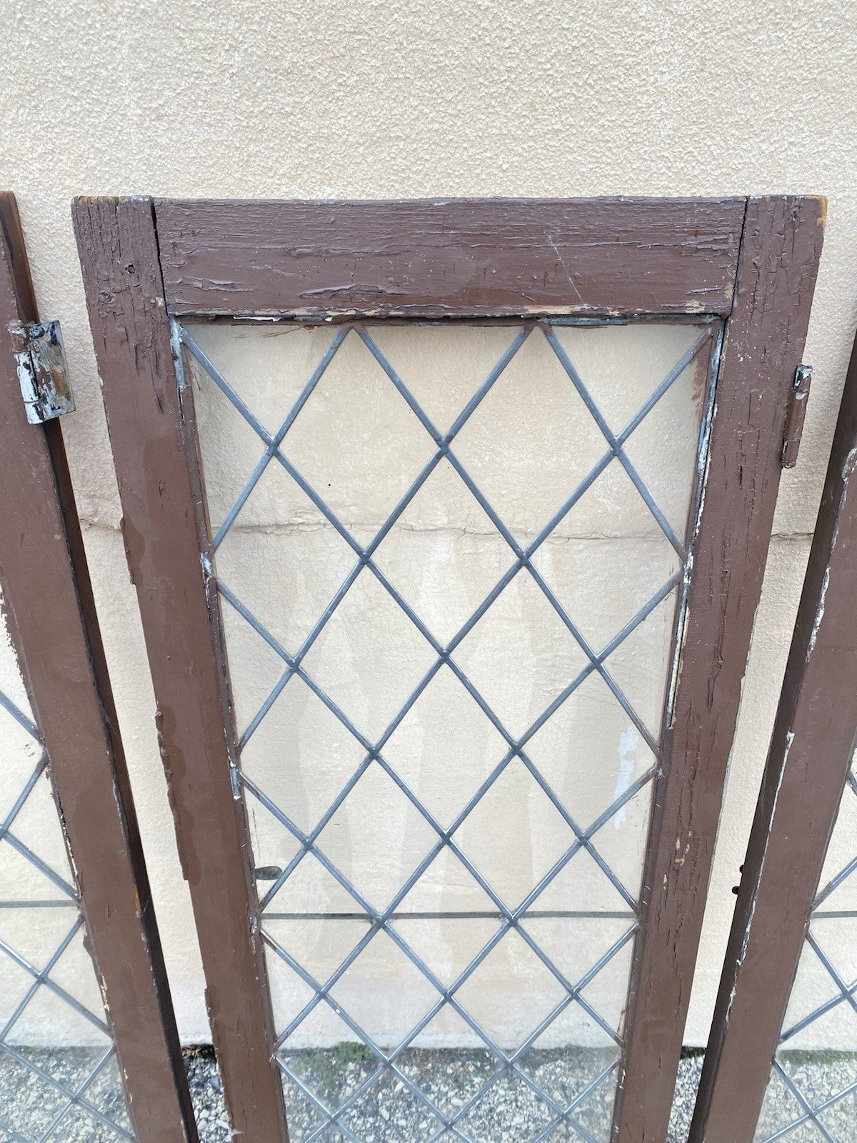 Antique Arts & Crafts Diamond Lattice Leaded Glass Windows in Frame - Set of 4