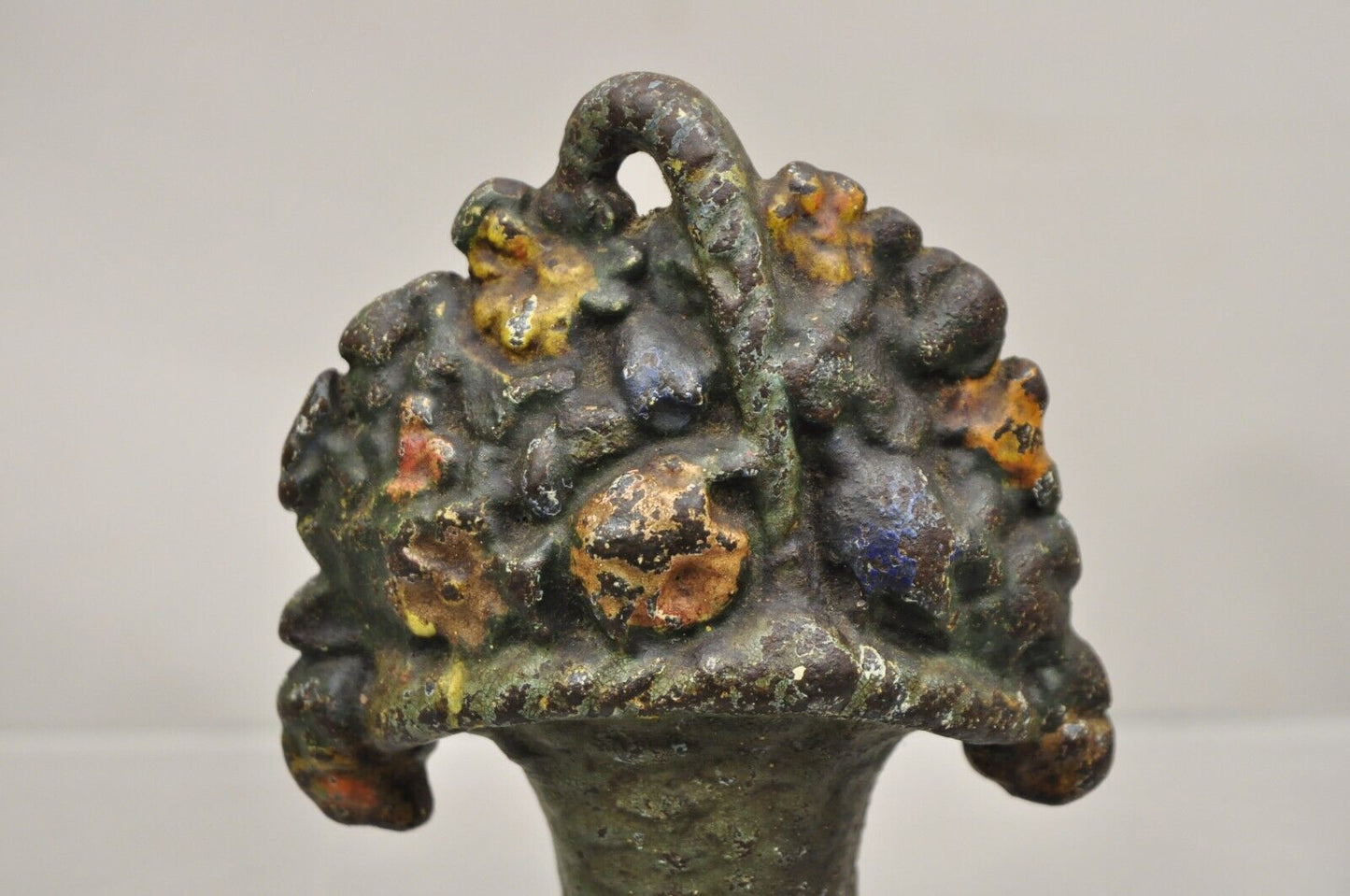 Antique Victorian Cast Iron Small Painted Orange Floral Bouquet Basket Door Stop