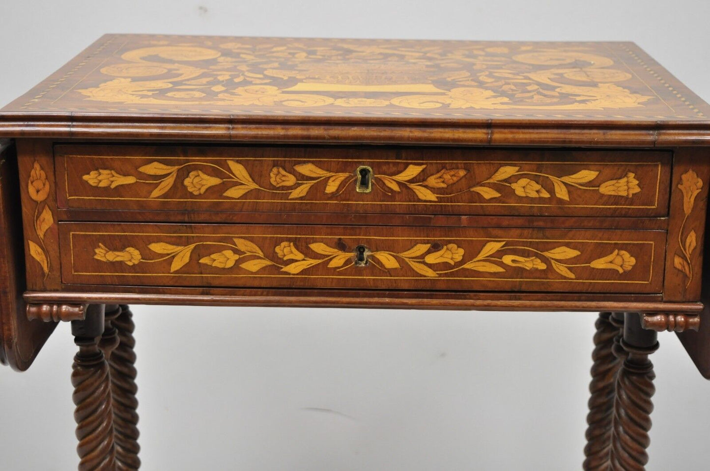 19th C. Dutch Marquetry Inlaid Regency Style Drop Leaf Sewing Stand Work Table