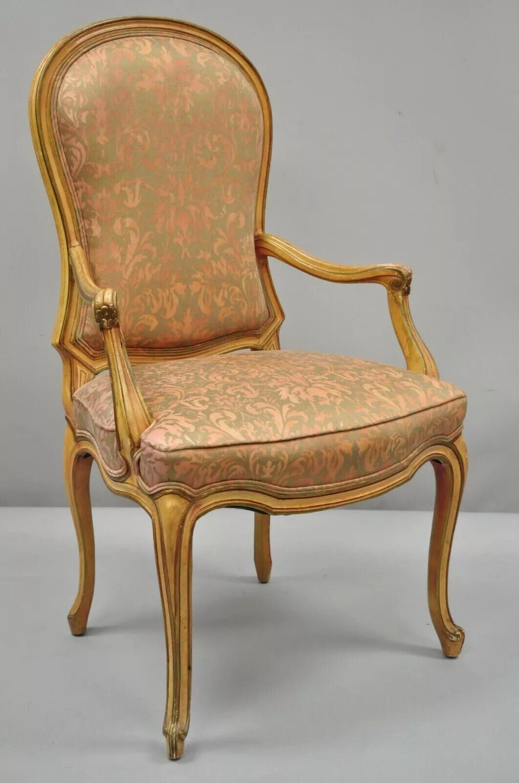 Italian Provincial French Hollywood Regency Upholstered Dining Arm Chairs - Pair