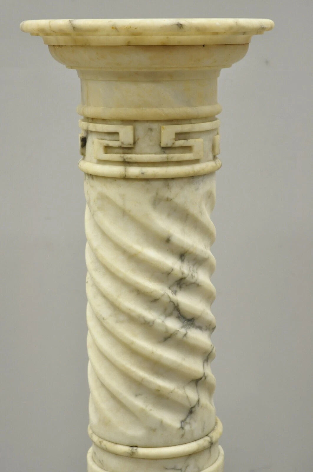Italian Neoclassical Spiral Carved Marble Greek Key Column Pedestal Plant Stand