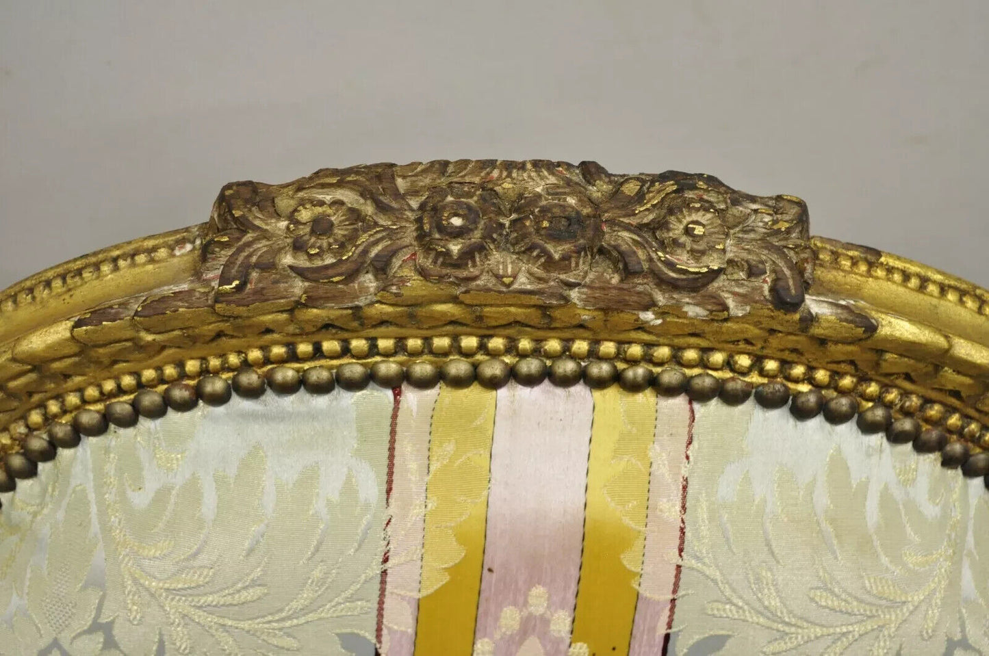 Vintage French Louis XVI Gold Giltwood Upholstered Lounge Chairs (B) - a Pair