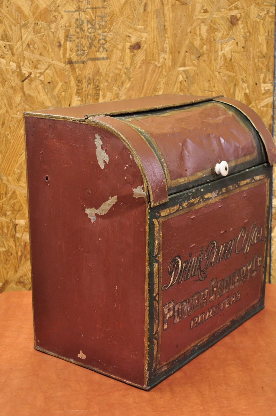 Antique Power Coffee Tin Rolltop Red Tea Hopper General Store Spice Bin Display
