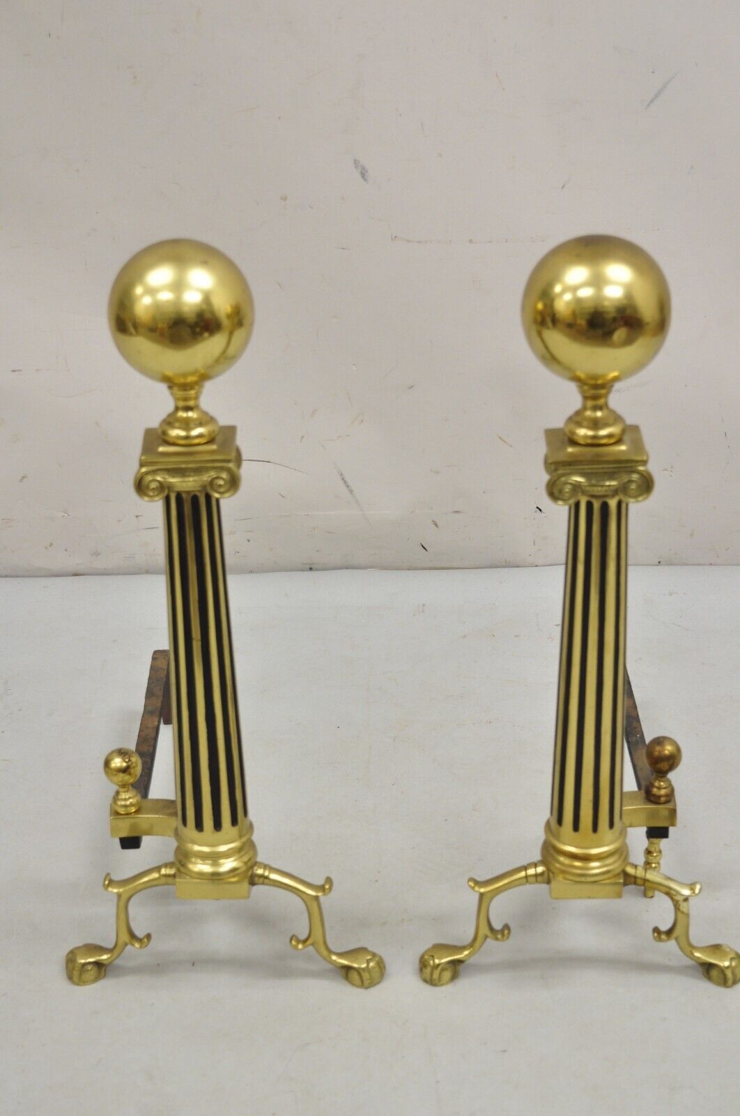 Vintage French Empire Style Brass Cannonball Column Form Branch Foot Andirons