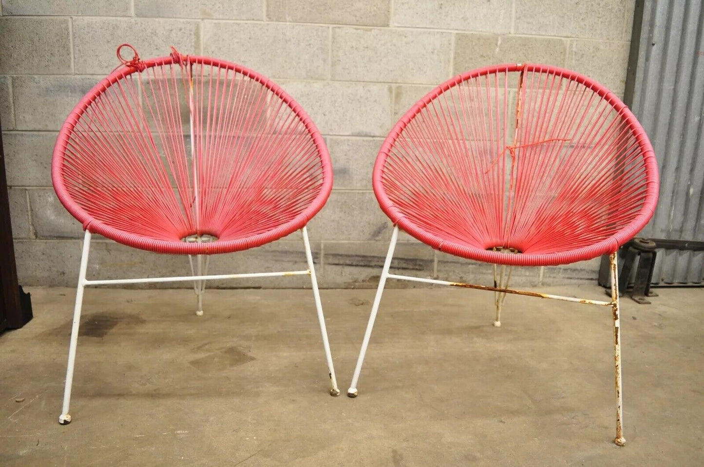 Vintage Mid Century Modern Vinyl Rope Hoop Wrought Iron Acapulco Chairs - a Pair